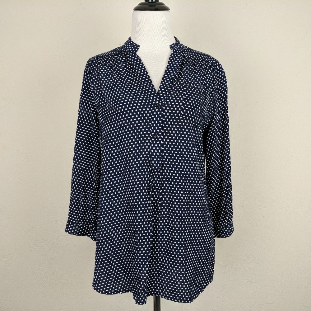 Market & Spruce Top Polka Dot Preppy Academia Neutral Classic Navy Blue White